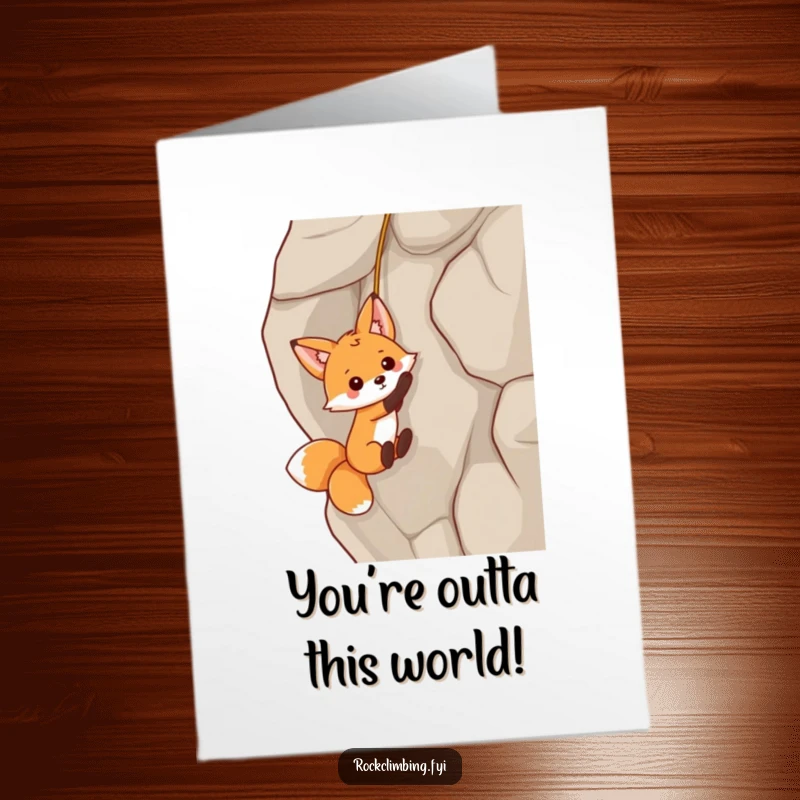 Funny Free Printable Congratulations Card showing a playful fox dangling by a rope, celebrating achievements with humor.