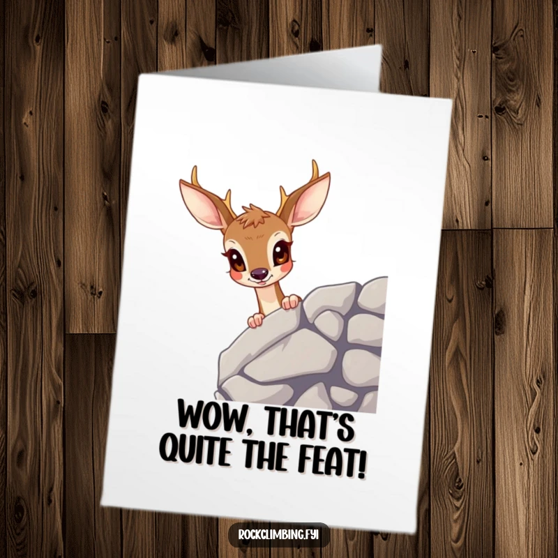 Funny free printable congratulations card: a deer with wide eyes curiously peering over a cliff, symbolizing new discoveries.