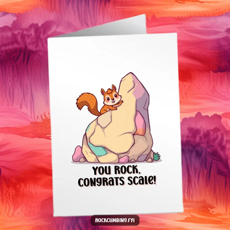 Funny Free Printable Congratulations Card: Giddy Squirrel Smiling, Scaling Giant Rock, Success