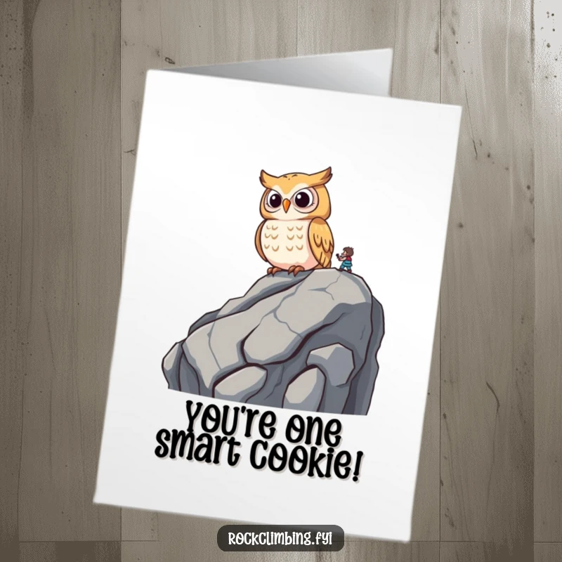 Funny Free Printable Congratulations Card featuring a wise owl amusedly observing a climber below from a rocky outcrop.