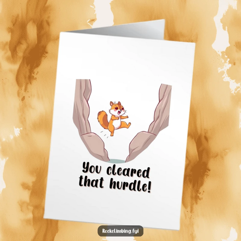 Funny Free Printable Congratulations Card showing a determined squirrel leaping joyfully across a chasm between rocks.