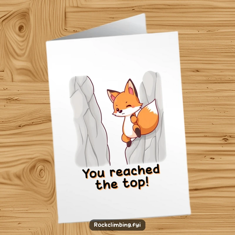 Funny Free Printable Congrats Card: A determined fox perseveres, scaling a steep cliff face to celebrate success.