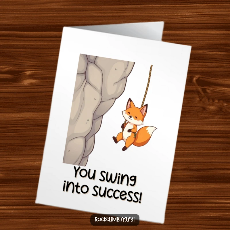 Funny Free Printable Congratulations Card: A gleeful fox dangling from a rope swing high up.