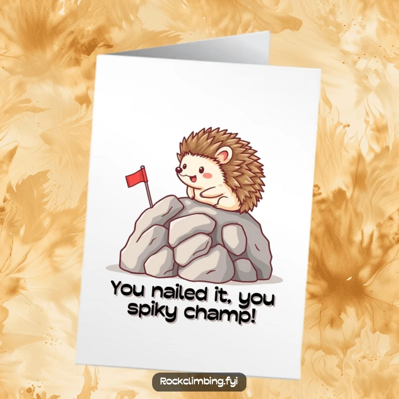 Funny Free Printable Congrats Card: Happy hedgehog plants a tiny flag on a mountain peak, a symbol of success.