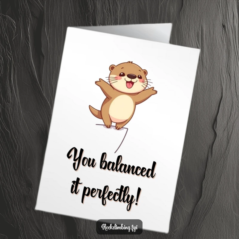 Funny Free Printable Congratulations Card: A cheerful otter precariously balances on a narrow ledge, arms wide, embodying pure joy.