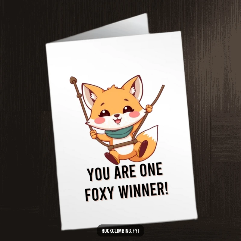 Funny Free Printable Congratulations Card: Brave fox joyfully swinging from a rope, celebrating success with a big grin.
