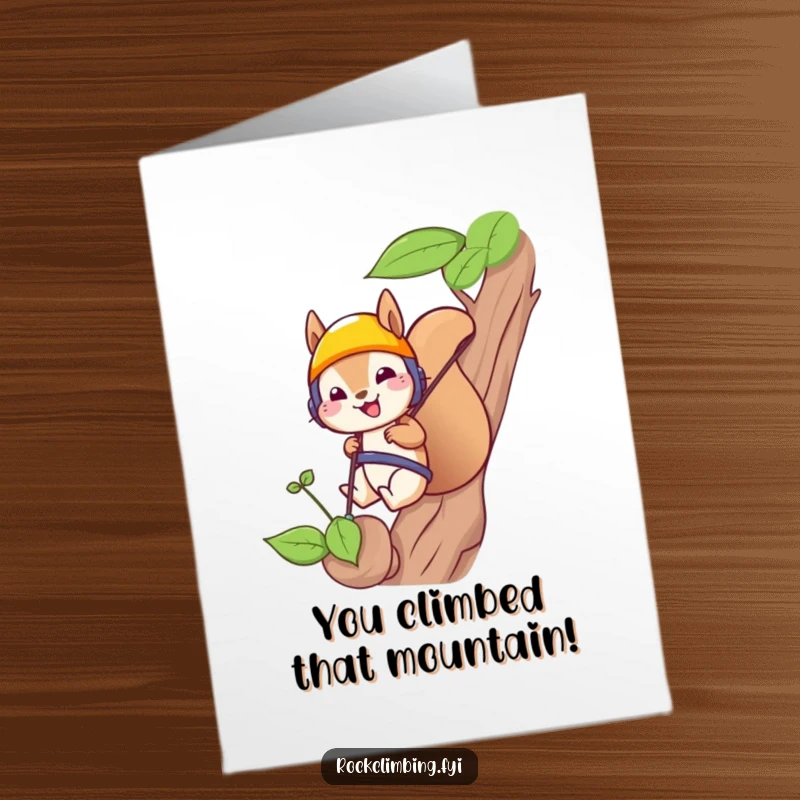 Funny Free Printable Congratulations Card featuring a squirrel rappelling down a sprout, celebrating big wins with adventure.