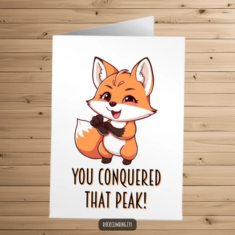 Funny Free Printable Congratulations Card: A charming fox reaching for a tough handhold, eyes full of focus and pure joy.