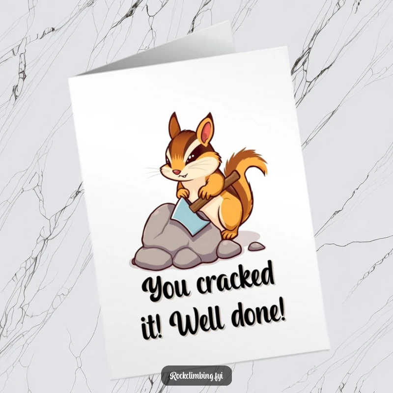 Funny Free Printable Congrats Card: Determined chipmunk relentlessly chipping away at a rock, signifying a breakthrough.