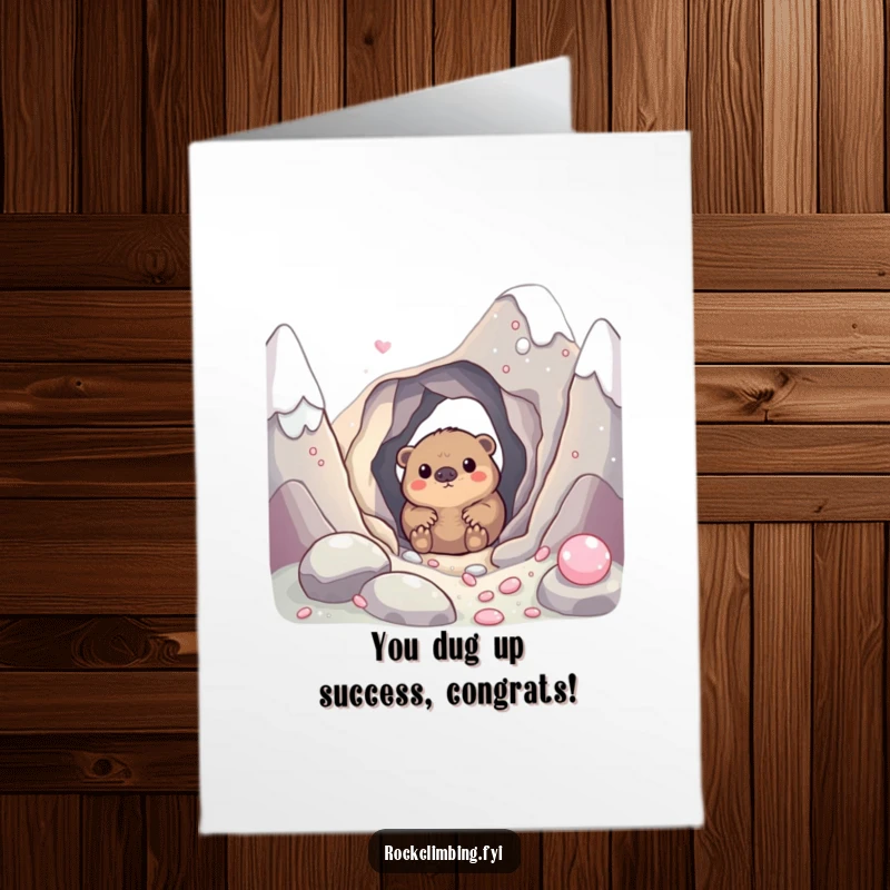 Funny free printable congratulations card with a curious mole emerging from a candy mountain hole, celebrating success.