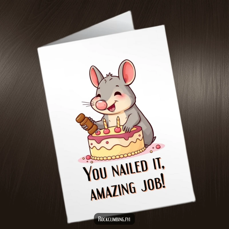 Funny free printable congratulations card with a smiling aardvark hammering pitons into a cake, celebrating success.