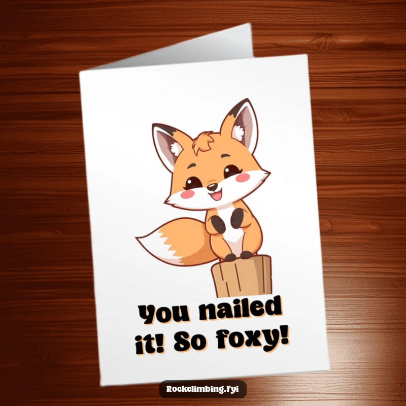 Funny Free Printable Congrats Card: Joyful fox with a massive toothy grin, perched high, extending congratulations with a humorous touch.