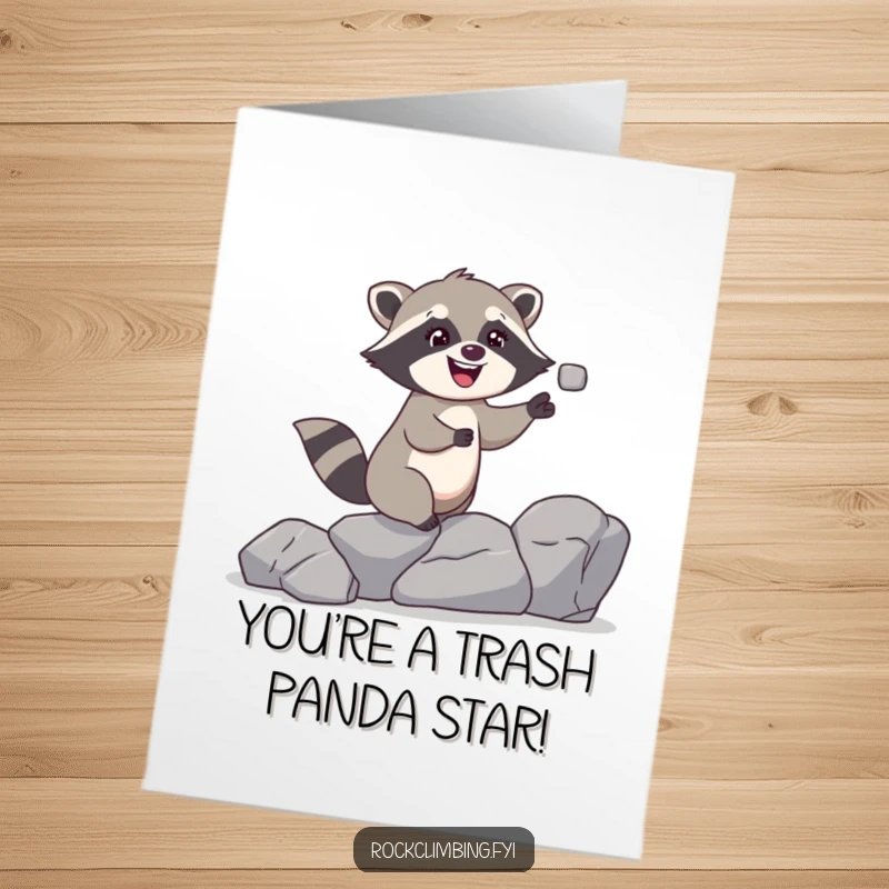 Funny free printable congratulations card: a giggling raccoon juggling rocks effortlessly while climbing, symbolizing a clever victory.