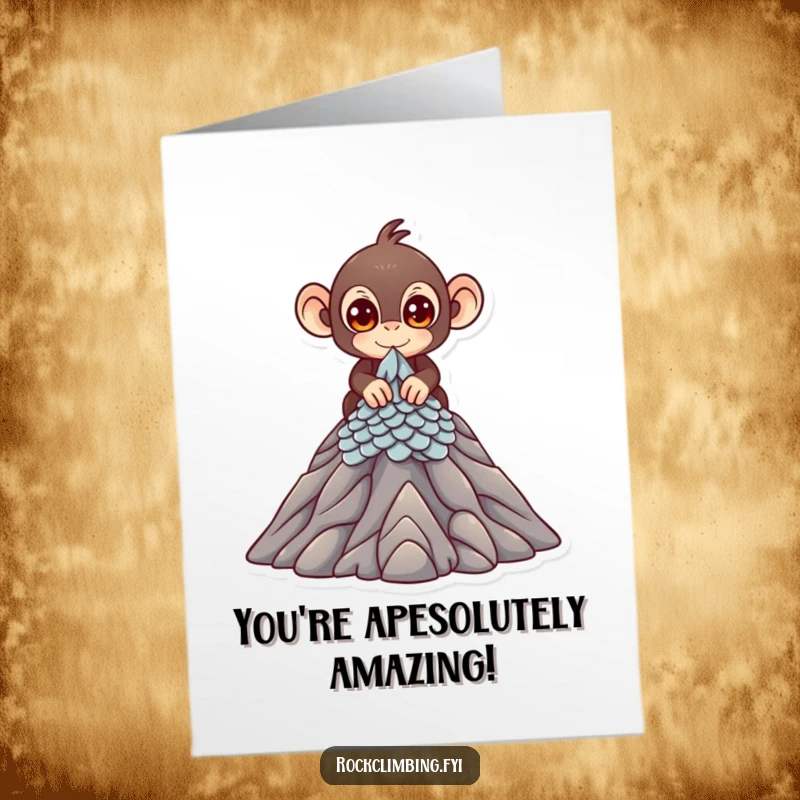 Free Printable Congratulations Card: a cute monkey with bright eyes scales a miniature mountain peak, symbolizing reaching goals.