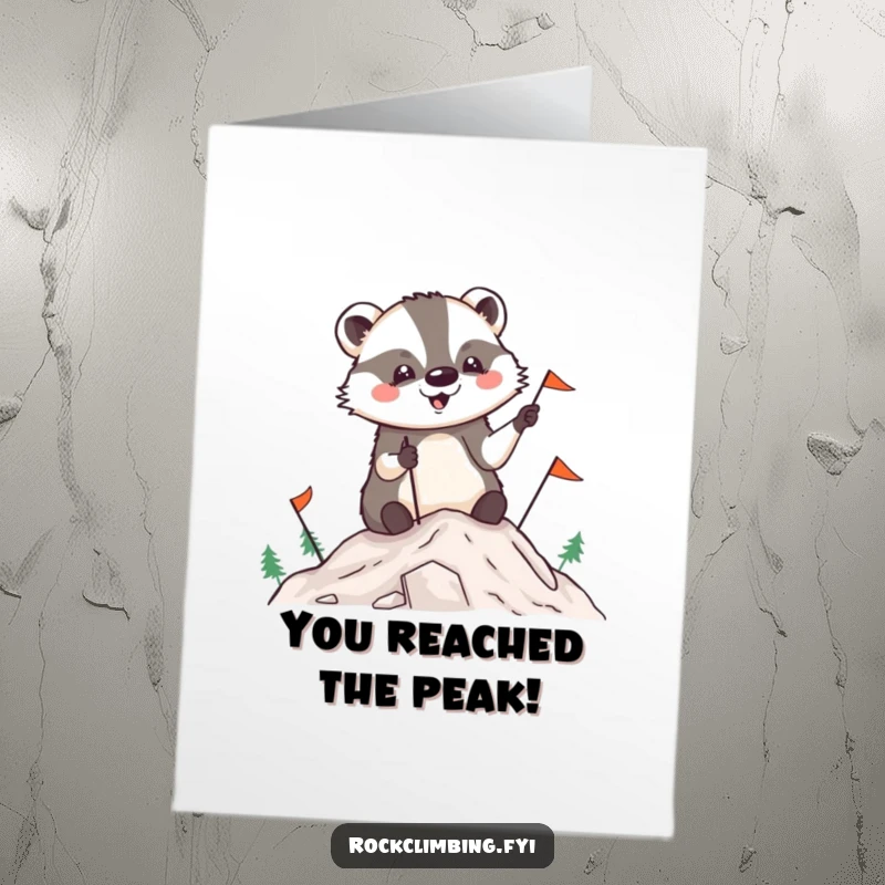 Funny free printable congratulations card: a delighted badger plants tiny flags at a mountain peak, marking a significant victory.