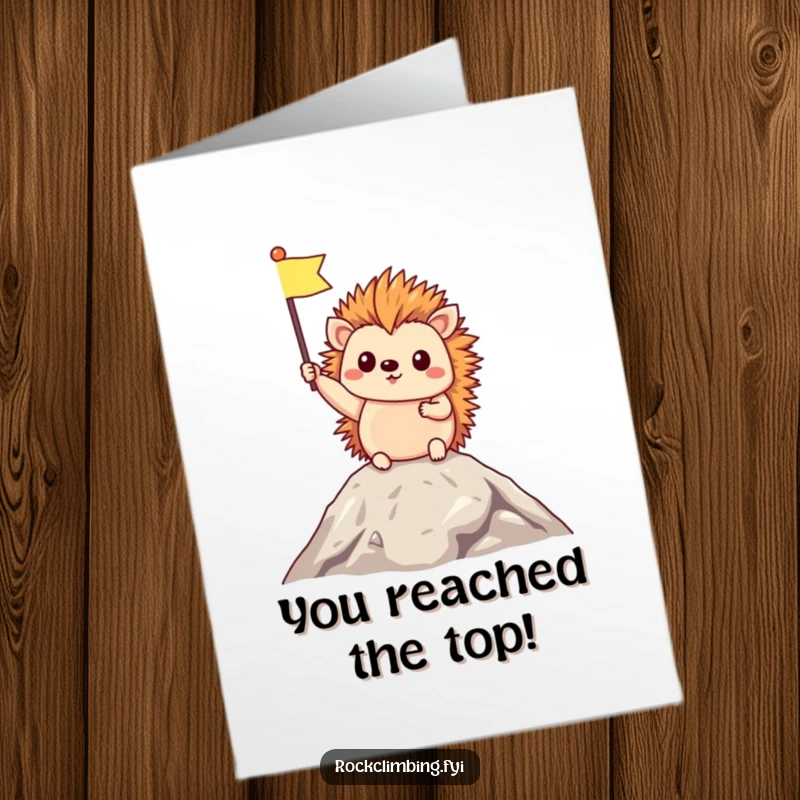 Funny Free Printable Congratulations Card: A small hedgehog proudly holds a tiny flag at a summit, symbolizing success.