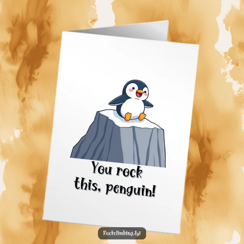 Free Printable Congratulations Card showing a happy penguin sliding down a sheer cliff face on its belly, celebrating a fast win.