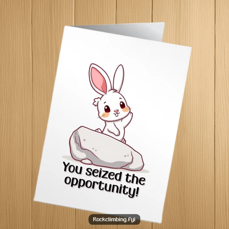 Funny Free Printable Congratulations Card: A curious rabbit reaching for a colorful handhold on a boulder, celebrating a win.