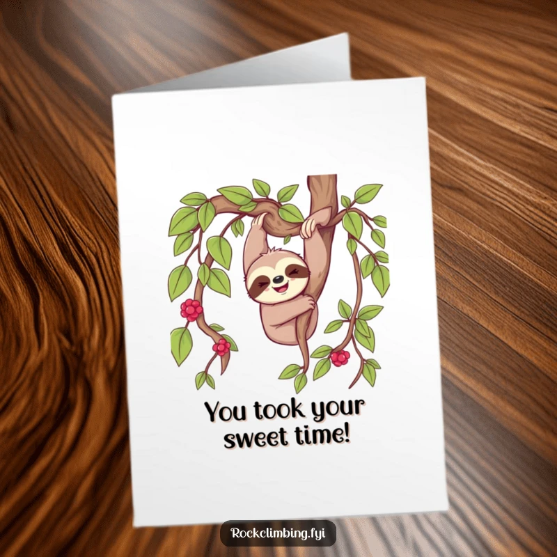 Funny Free Printable Congrats Card: Cheerful sloth happily dangling from a vine, celebrating a relaxed achievement.