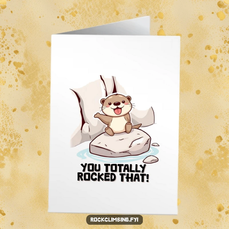 Funny free printable congratulations card: a happy otter smoothly sliding down a rocky slope on a stone, signifying an easy win.