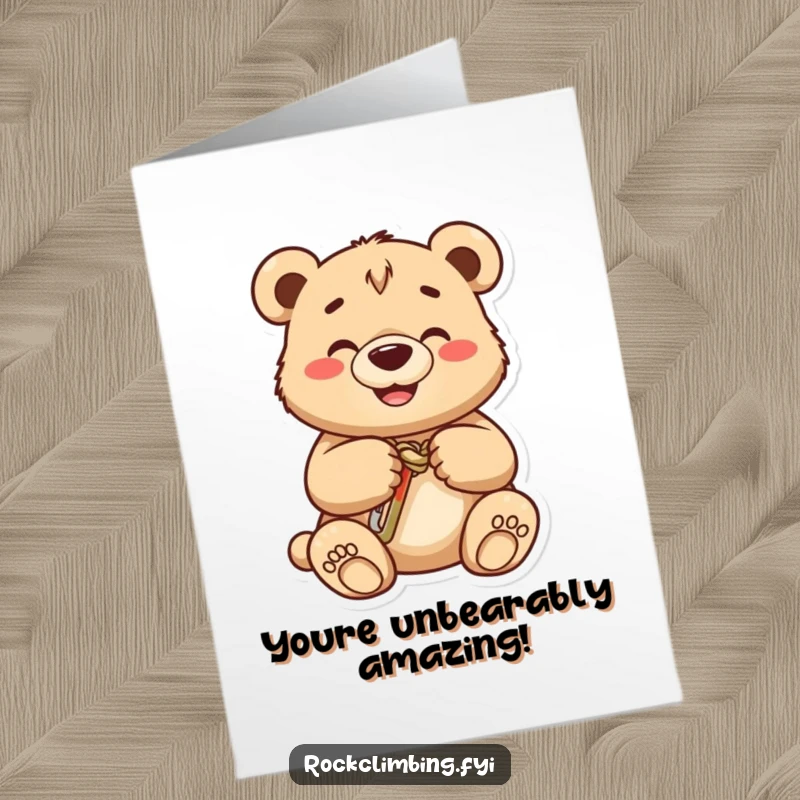 Funny Free Printable Congratulations Card: Excited bear cub secures carabiner, celebrating summit success with a grin.