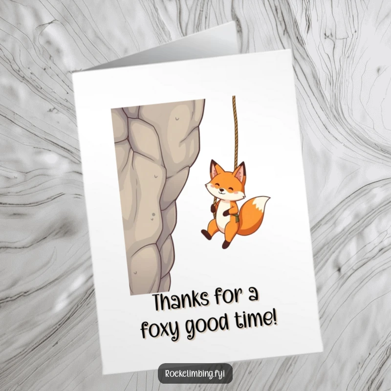Funny Free Printable Thank You Card: A happy fox swinging from a rope attached to a crag.
