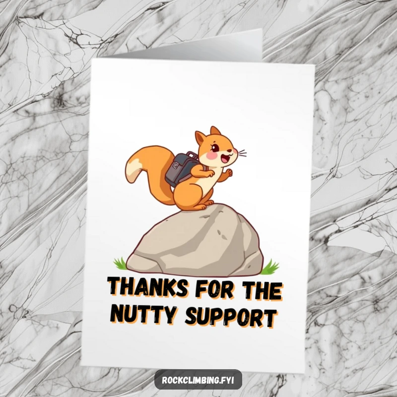 Funny Free Printable Thank You Card: A joyful squirrel with a backpack climbing a large rock, humorous downloadable design.