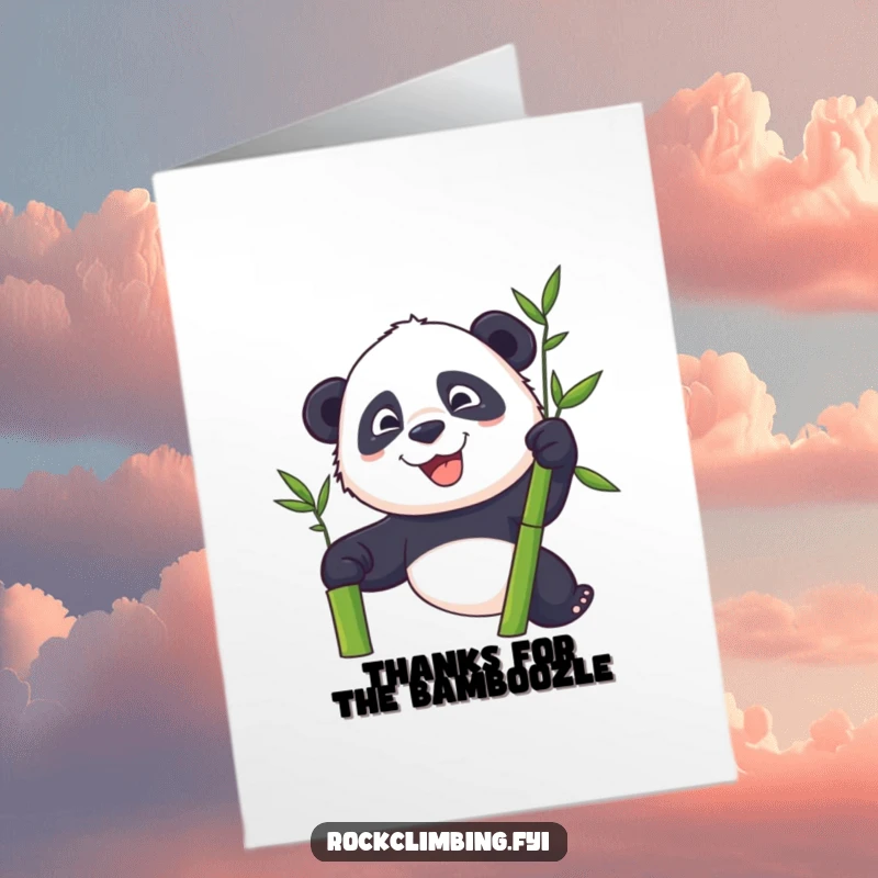 Funny Free Printable Thank You Card: Playful panda with a determined grin climbing a bamboo stalk, showing gratitude.