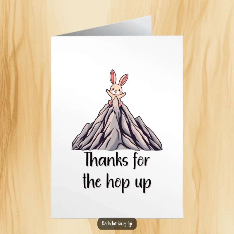 Funny Free Printable Thank You Card: A triumphant rabbit on a mountain peak, expressing heartfelt thanks.