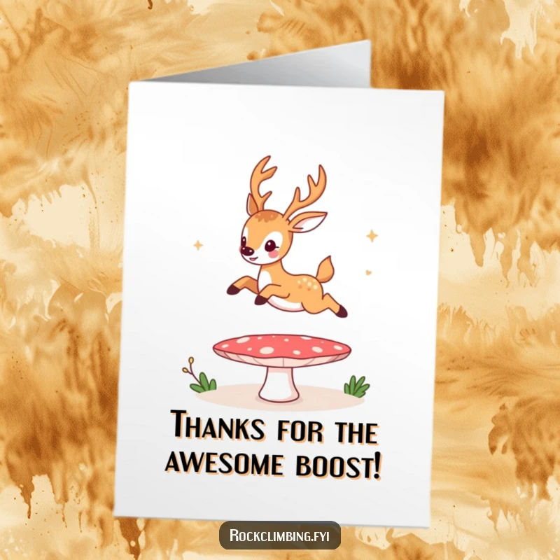 Funny Free Printable Thank You Card: A deer hilariously using a mushroom as a trampoline, showing appreciation.
