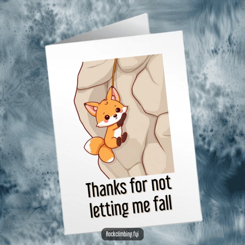 Funny Free Printable Thank You Card with a playful fox dangling precariously, perfect for a humorous thank you.