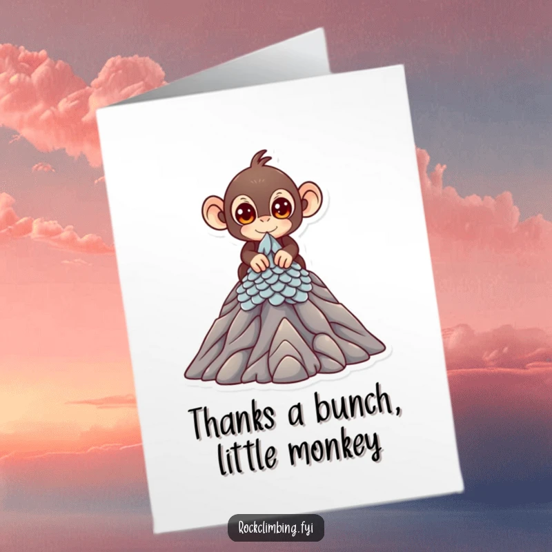 Free Printable Thank You Card showing a cute monkey with bright eyes scaling a miniature mountain peak, signifying effort and thanks.