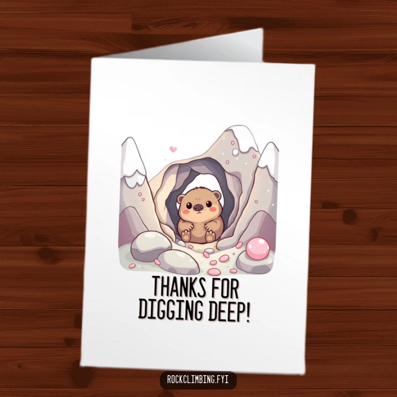 Funny free printable thank you card featuring a curious mole peeking from a candy mountain, expressing gratitude.