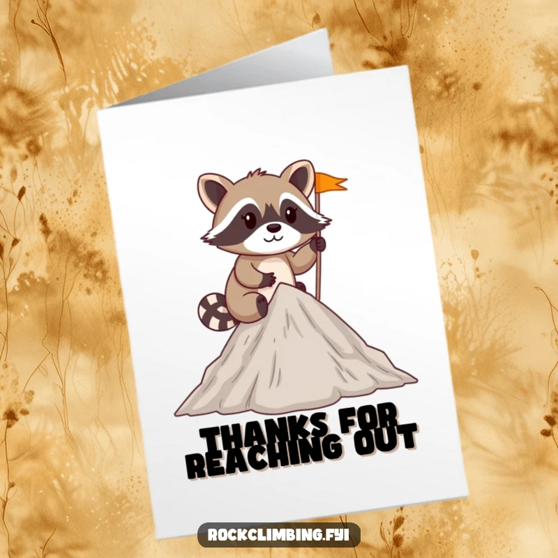 Funny Free Printable Thank You Card of a mischievous raccoon planting a tiny flag at the summit of a small peak.