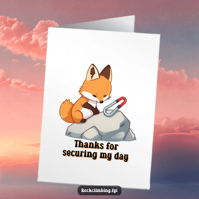 Funny Free Printable Thank You Card: Focused fox placing a carabiner on a rock, thanking someone for their careful approach.
