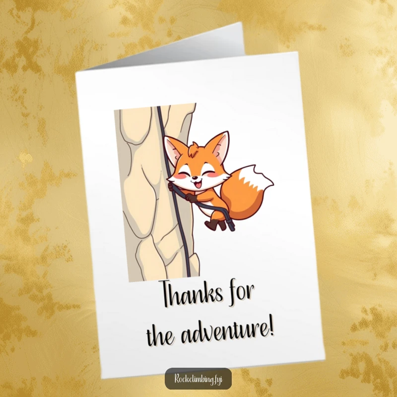 Funny Free Printable Thank You Card: Fox rappelling down a cliff with a wink, conveying energetic thanks.
