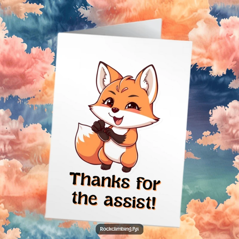 Funny Free Printable Thank You Card: A charming fox reaching for a difficult climbing hold, showing intense focus and joy.