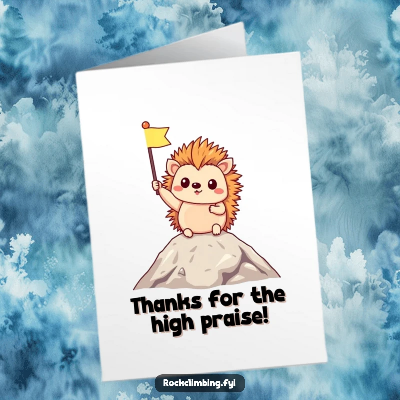 Funny Free Printable Thank You Card: A triumphant hedgehog waves a tiny flag from a summit, a quirky thank you.