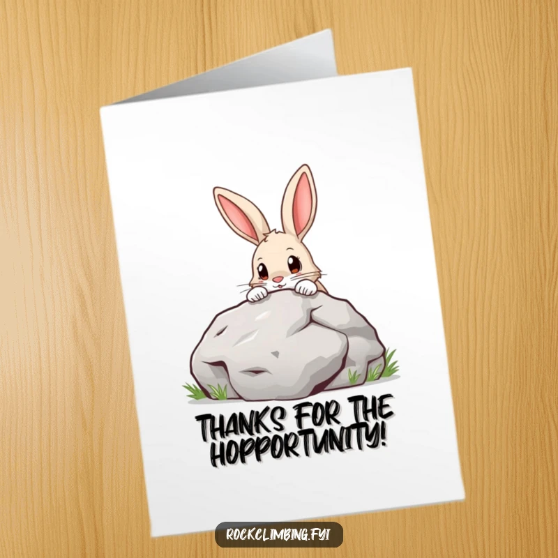 Funny Free Printable Thank You Card: Curious rabbit peeking with determination over a boulder, expressing thanks.
