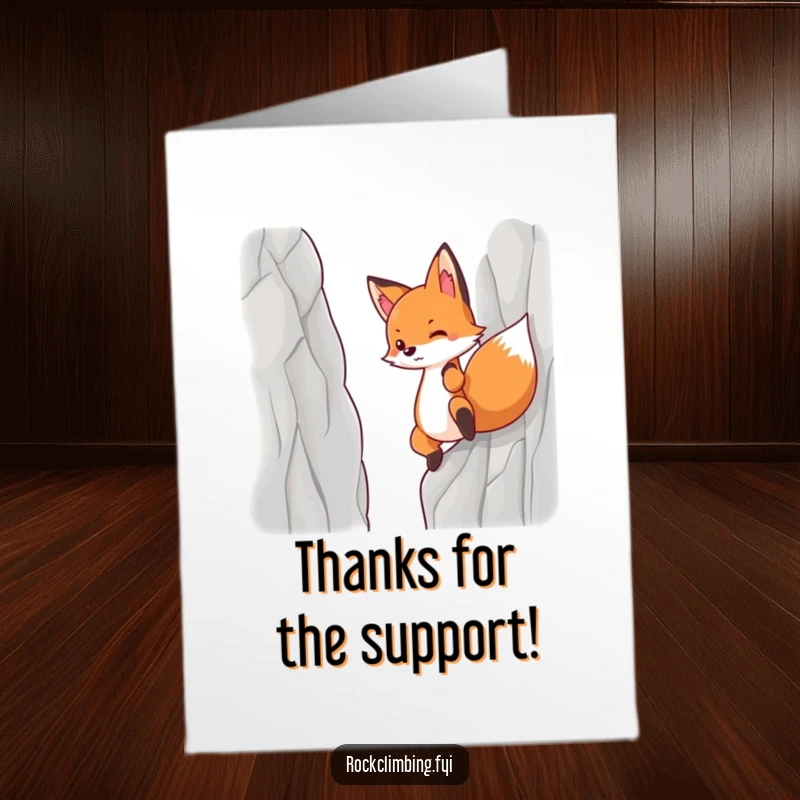 Funny Free Printable Thank You Card: A determined fox climbs a cliff, symbolizing gratitude and effort.