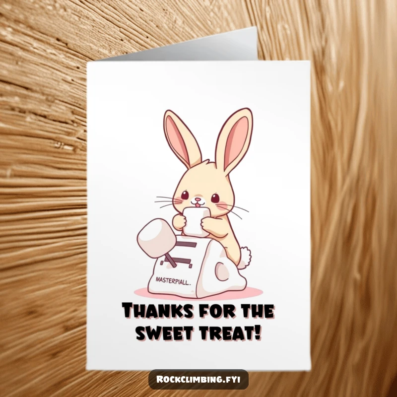 Funny Free Printable Thank You Card: A determined bunny using a marshmallow as a climbing tool to reach something wonderful.