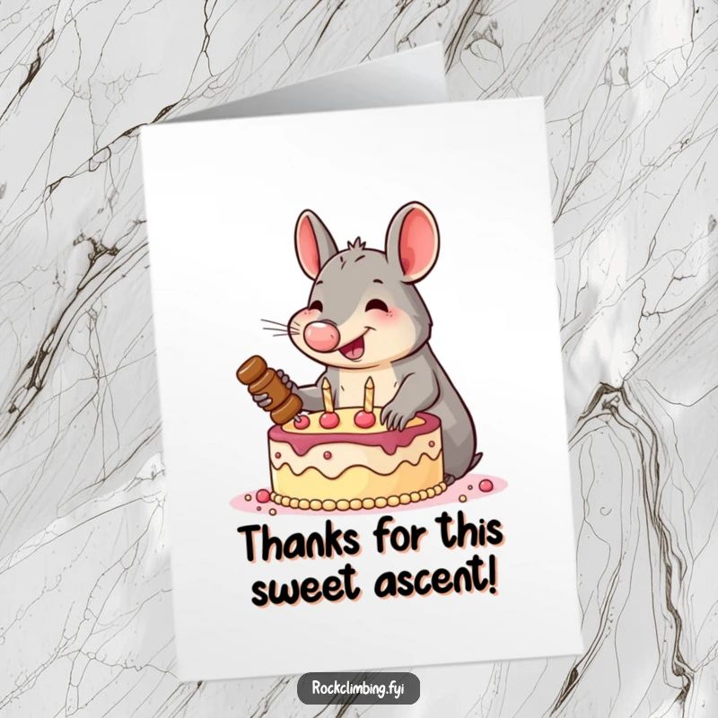 Funny free printable thank you card featuring a smiling aardvark hammering pitons into a cake, showing appreciation.