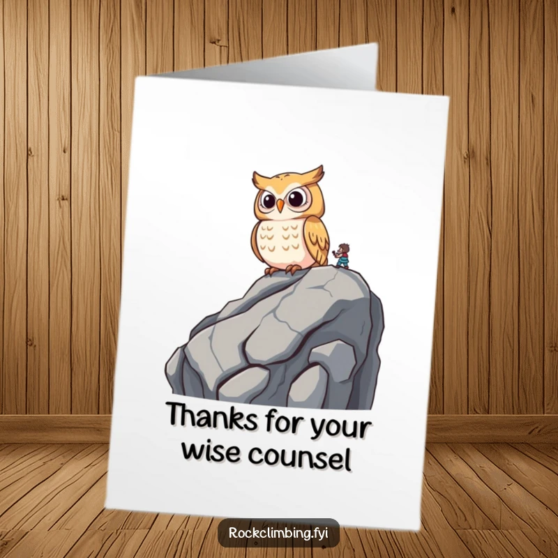 Funny Free Printable Thank You Card of a wise owl perched on a rock, observing a climber below with amusement.