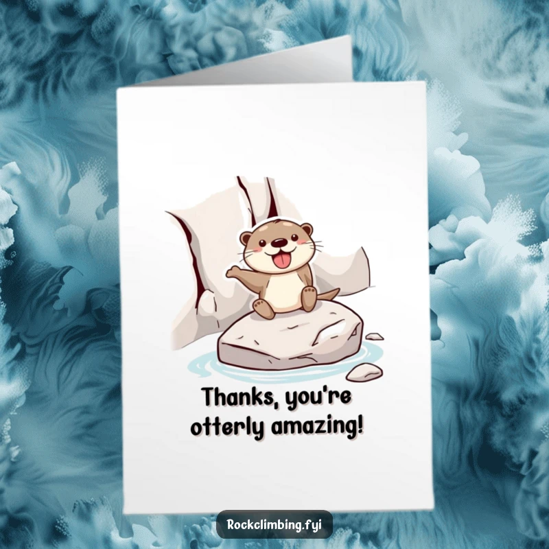 Funny free printable thank you card: a cheerful otter sliding down a rock face on a stone, conveying thanks with delight.