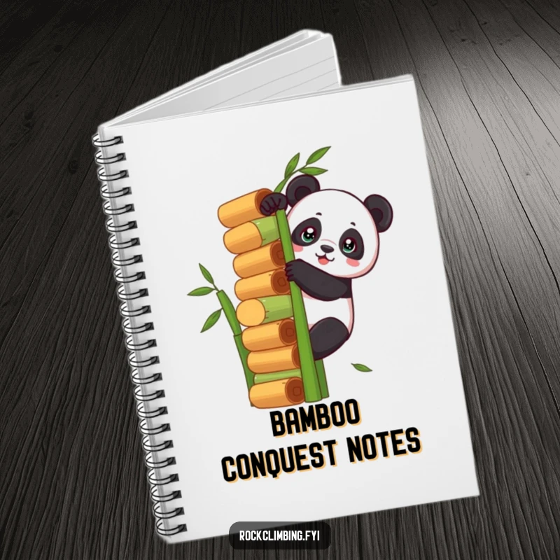 Funny panda climbing a tall bamboo stack on a notebook cover, inspiring ambitious note-taking and goal setting.