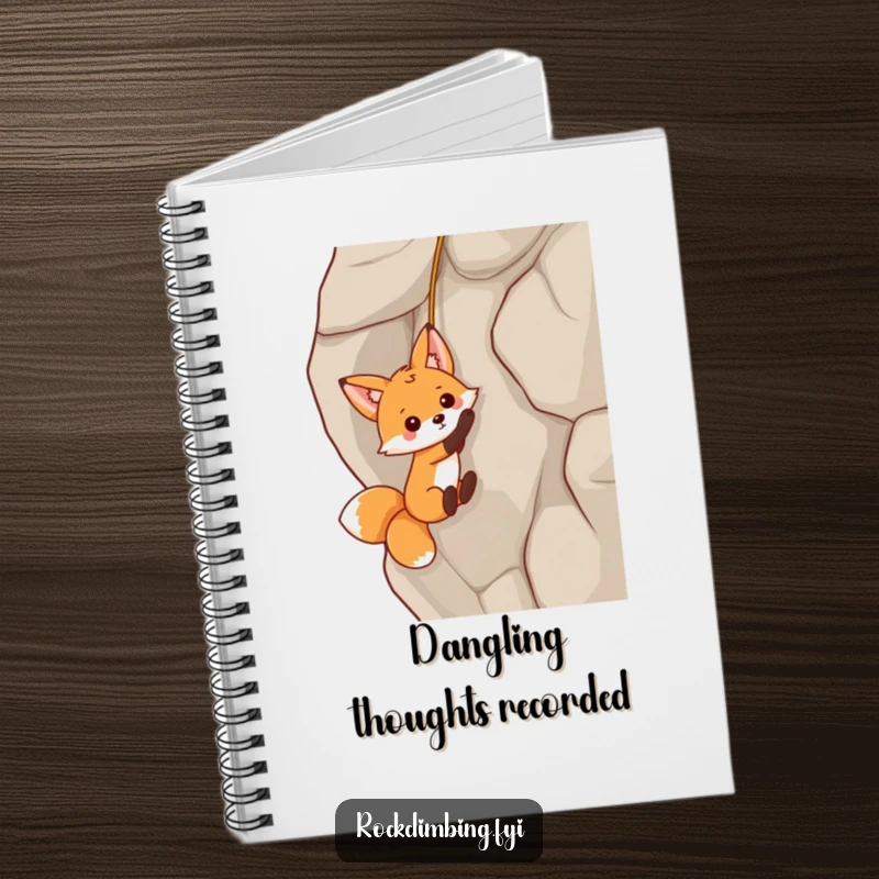 Funny fox dangling from a rock face on a notebook cover, inspiring creative writing and playful note-taking.