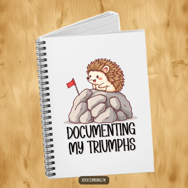 Funny notebook cover with a happy hedgehog placing a flag on a rocky summit, encouraging hilarious documentation of achievements.