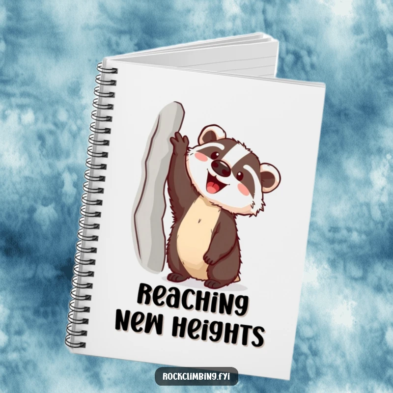 Funny badger climbing toward a high ledge on a notebook cover, inspiring ambitious planning and outdoor adventures.