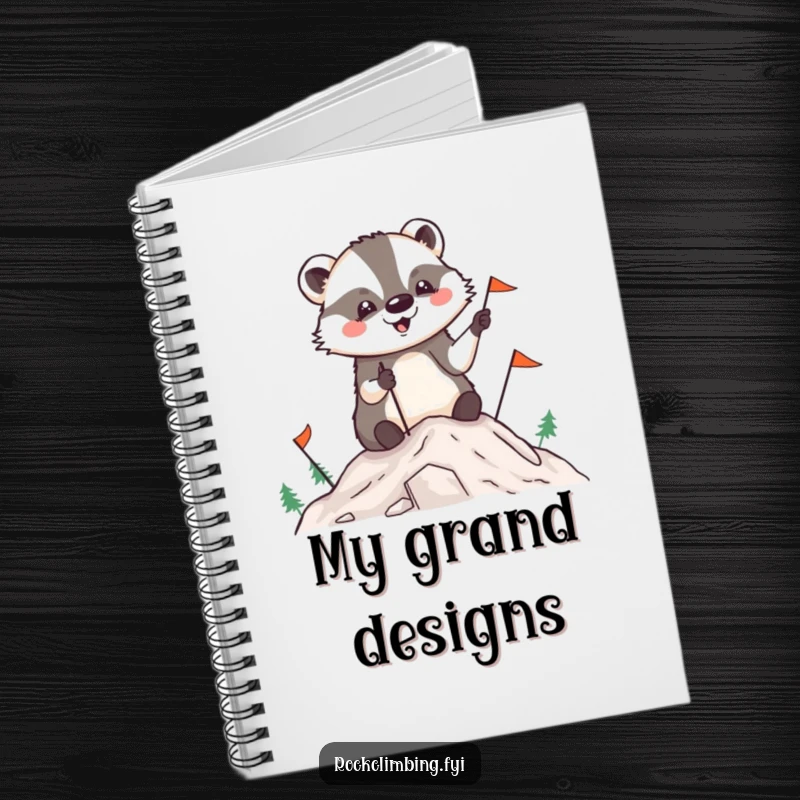 Funny badger notebook cover featuring a badger planting flags on a mountain peak, inspiring humorous goal-setting.