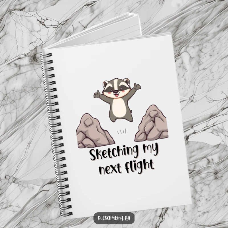 Funny notebook cover with a brave badger leaping between rocks, arms outstretched, inspiring an adventurous and humorous journaling experience.